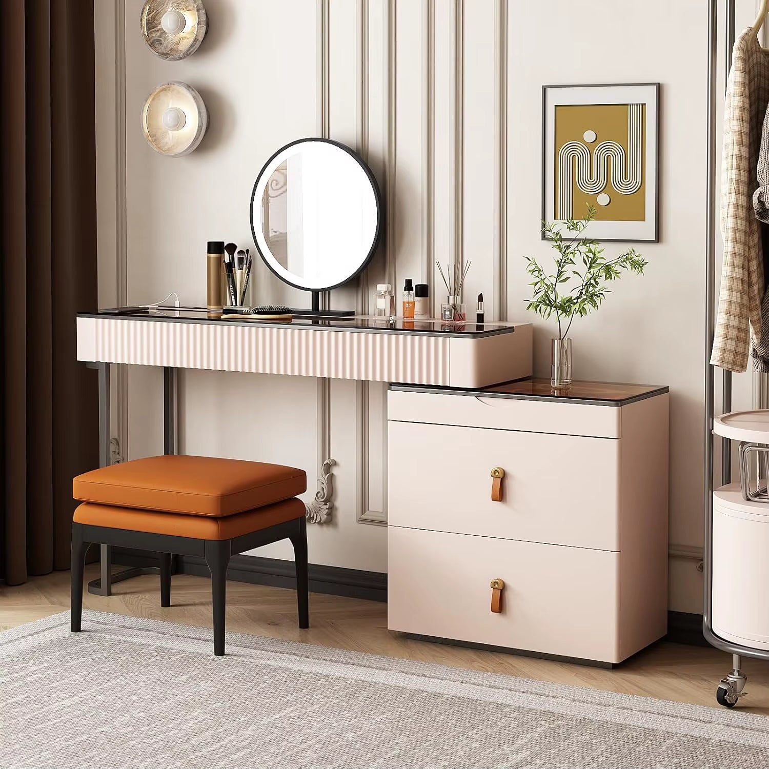 New Makeup Vanity Desk with Stool, TV Cabinet Combination