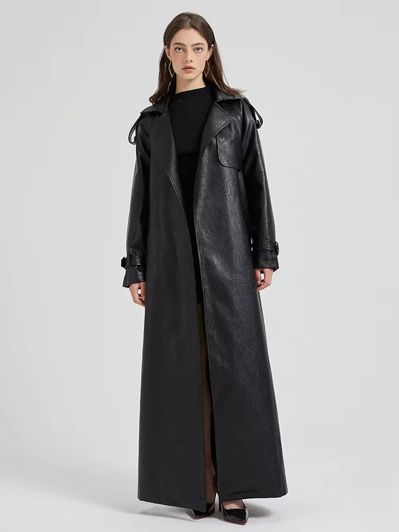 Modern Women Spring Autumn Extra Long  Leather Trench Coat 