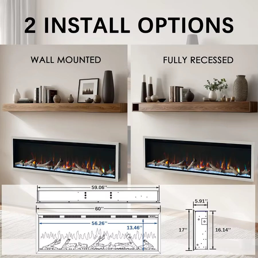New Wall Mounted 60 Inch Electric Fireplace with Aluminum Frame