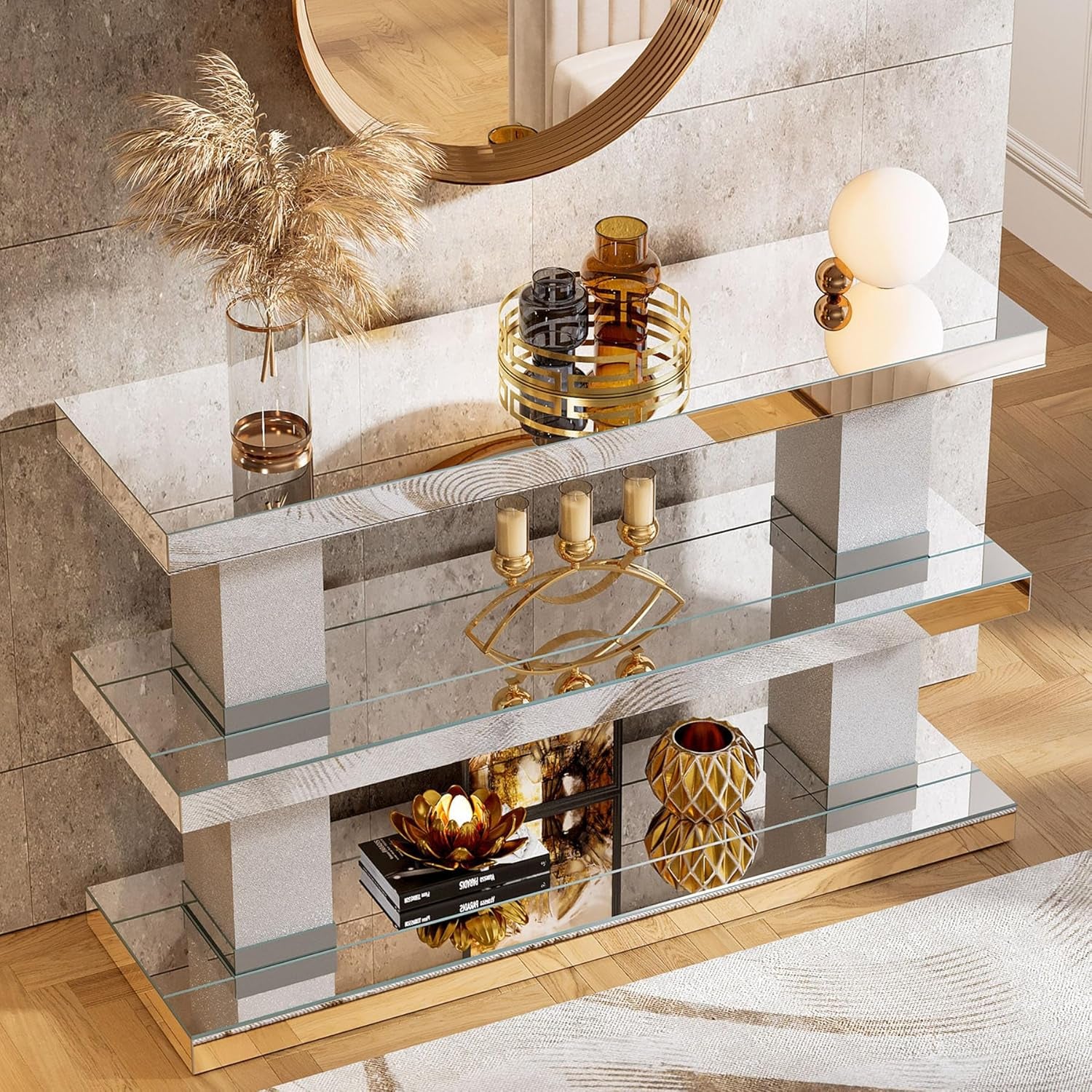 Mirrored Table, 46" Silver Entryway Table with 3-Tier Storage 