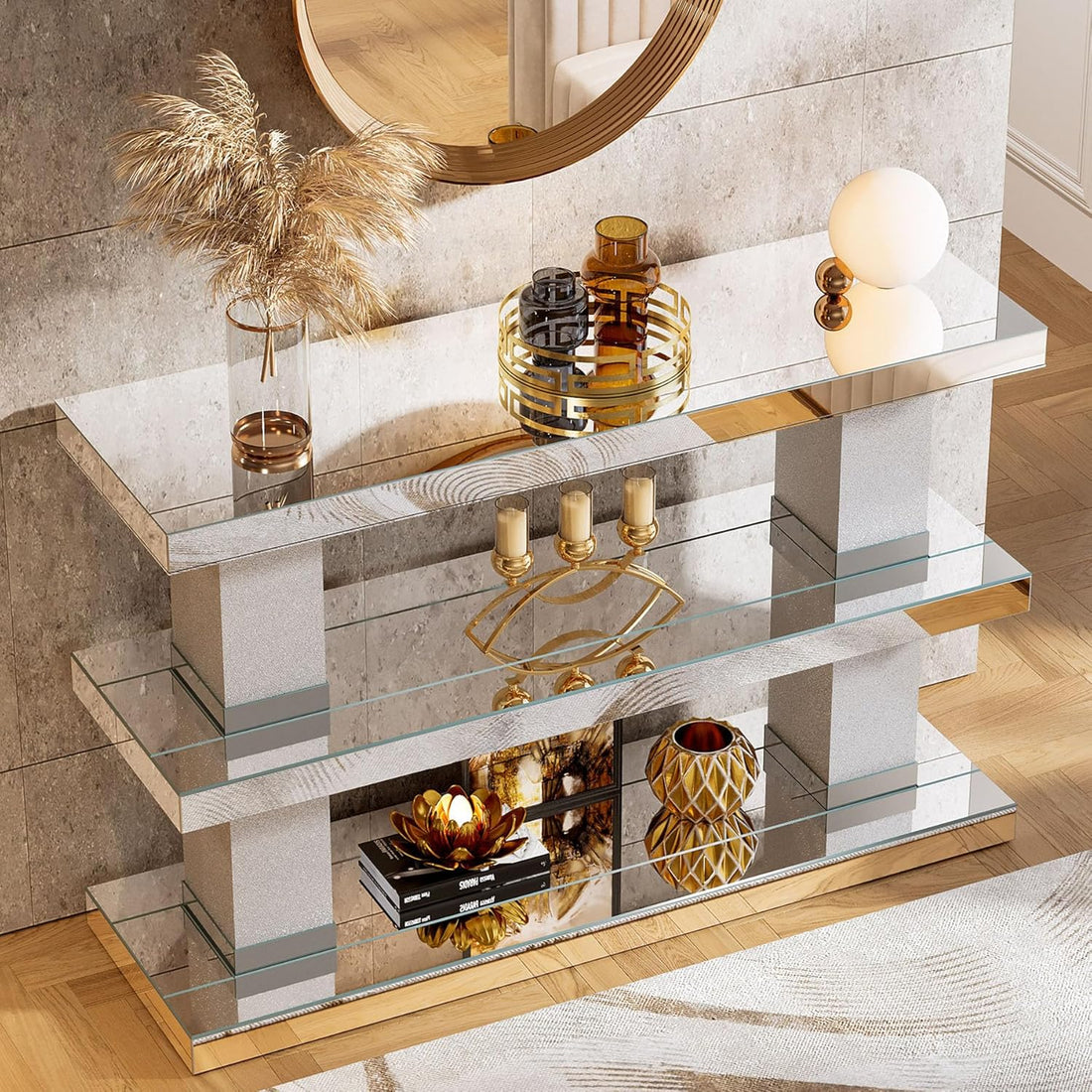 Mirrored Table, 46" Silver Entryway Table with 3-Tier Storage 