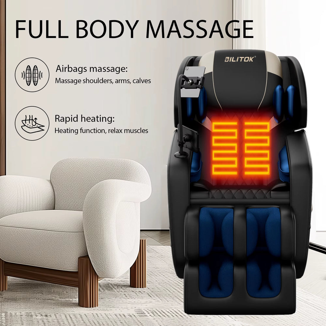 Modern Massage Chair Full-Body Air Compression, 6 Rollers with Touchscreen. 