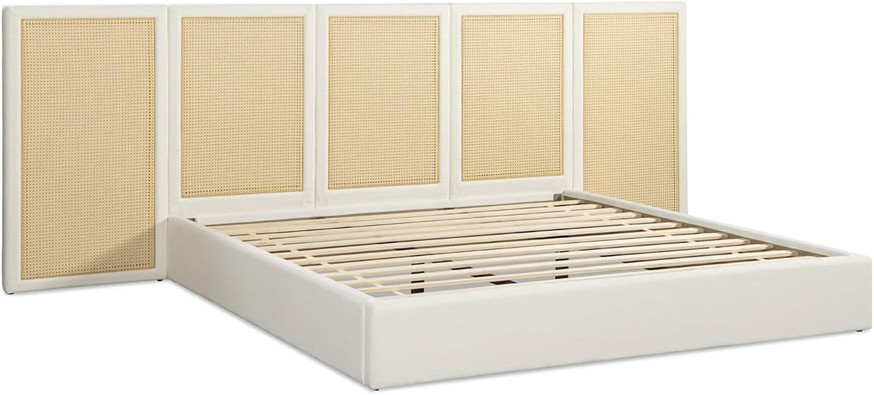 New Upholstered Bed Frame - Rattan Bedframe with Extended Cane Headboard 