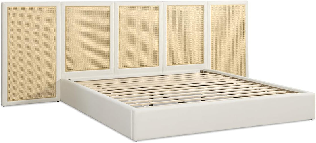 New Upholstered Bed Frame - Rattan Bedframe with Extended Cane Headboard 