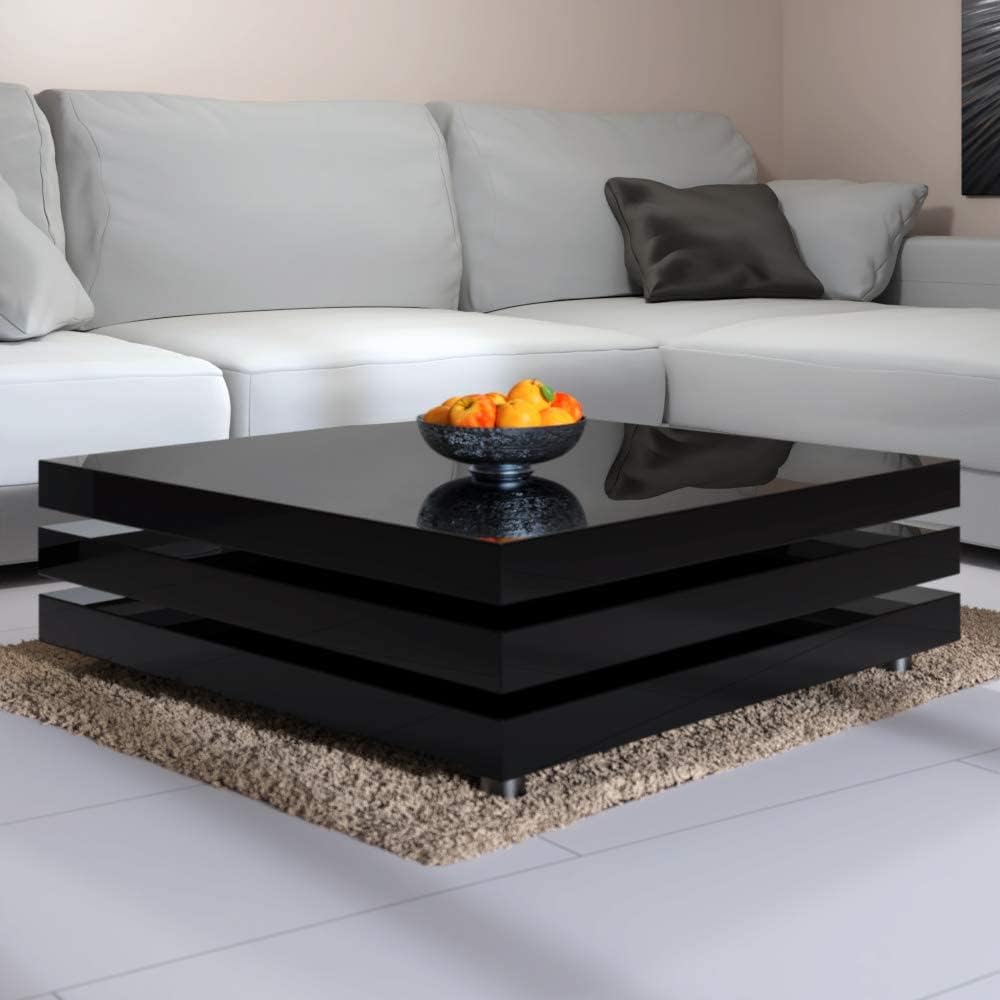 ® New High Gloss | Rotating Coffee Table | 360° Rotatable | Modern Contemporary Design | Height Adjustable Feet | 3 Tier Square Cube Living Room Side Table | 76X76Cm | Black