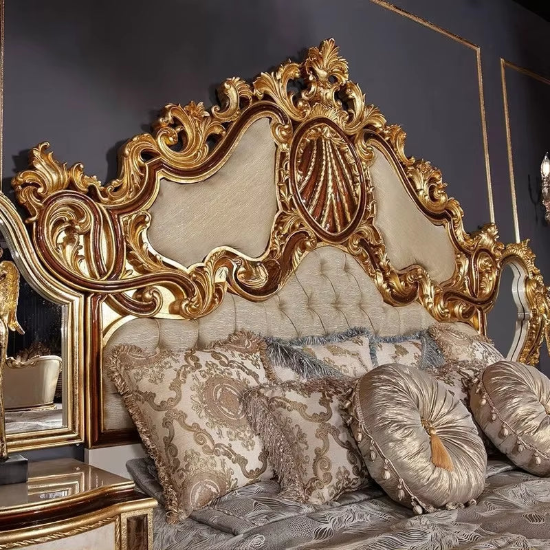 Premium Hand Carving Vintage Gold Wooden King Size Bed