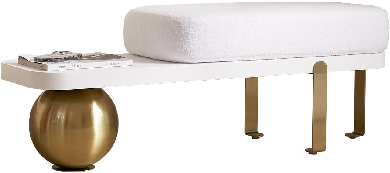 Modern Wooden Bouclé Upholstered Bench – Abstract Metal Leg with Lambswool Cushion