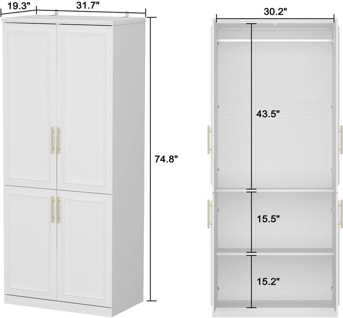 New home Wardrobe Closet Collection with Doors – Modern White Bedroom Armoire with Gold Handles