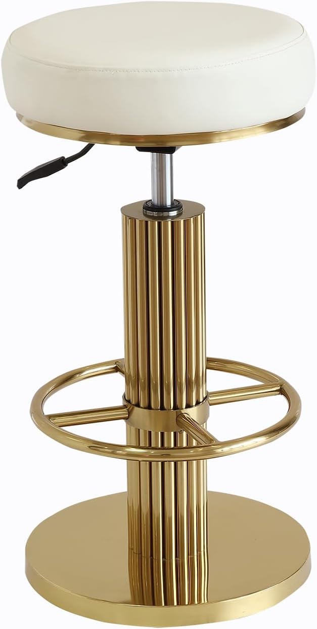 Bar stool with white cushioned seat and gold metal frame on a white background
