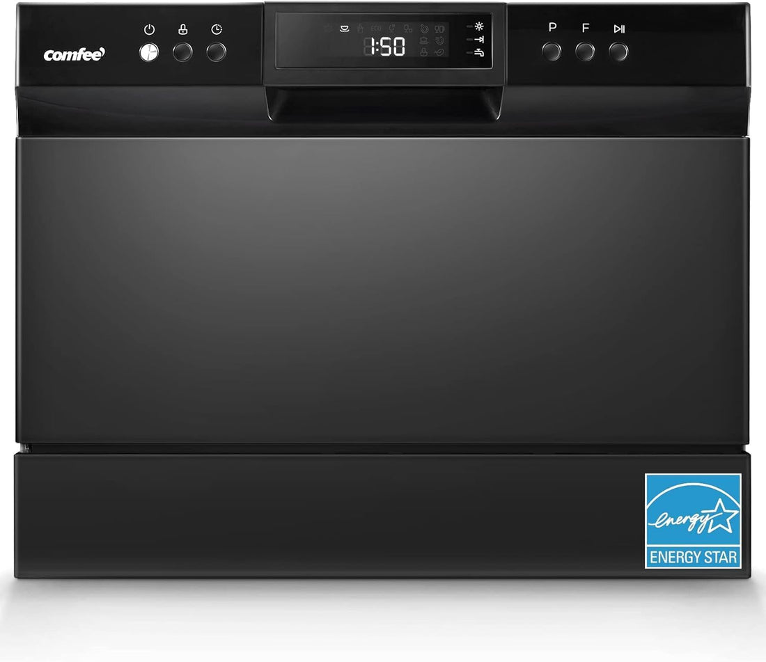 Black countertop dishwasher with Comfee branding and Energy Star label on a white background