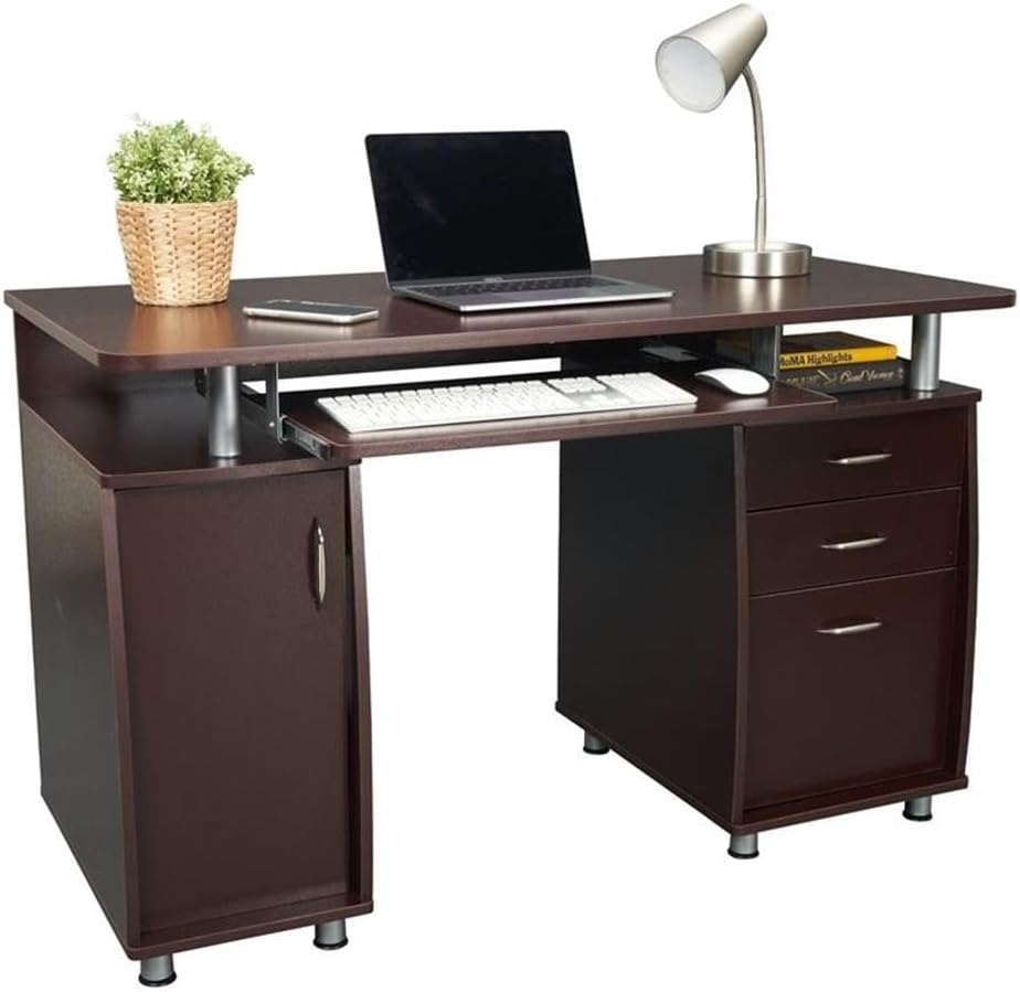 Brown office desk with laptop, keyboard, lamp, and other items on a white background