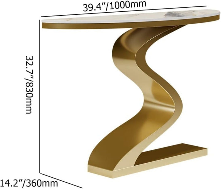 Gold console table with dimensions labeled on a white background