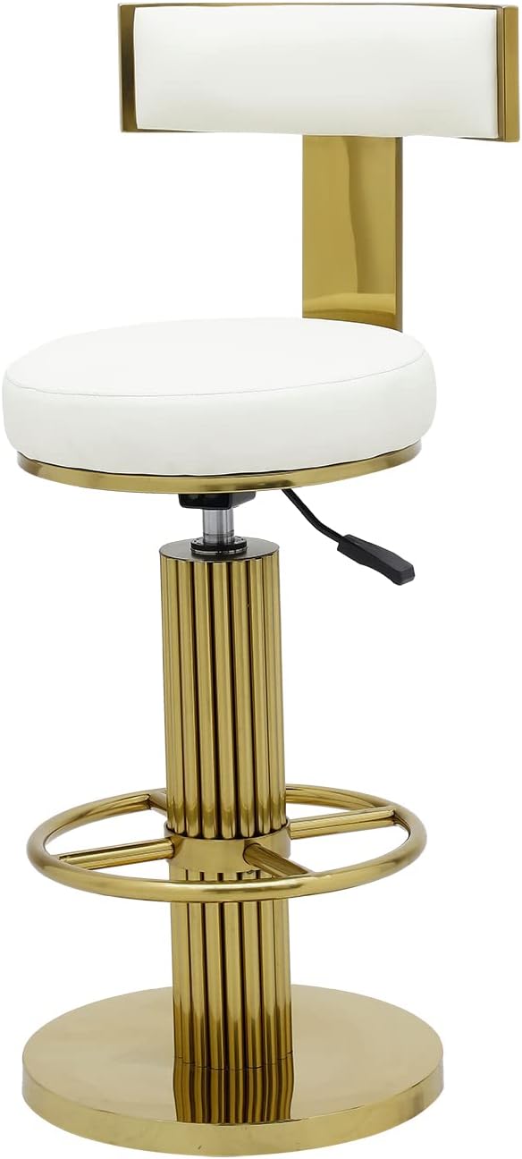Bar stool with white cushioned seat and gold metal frame on a white background