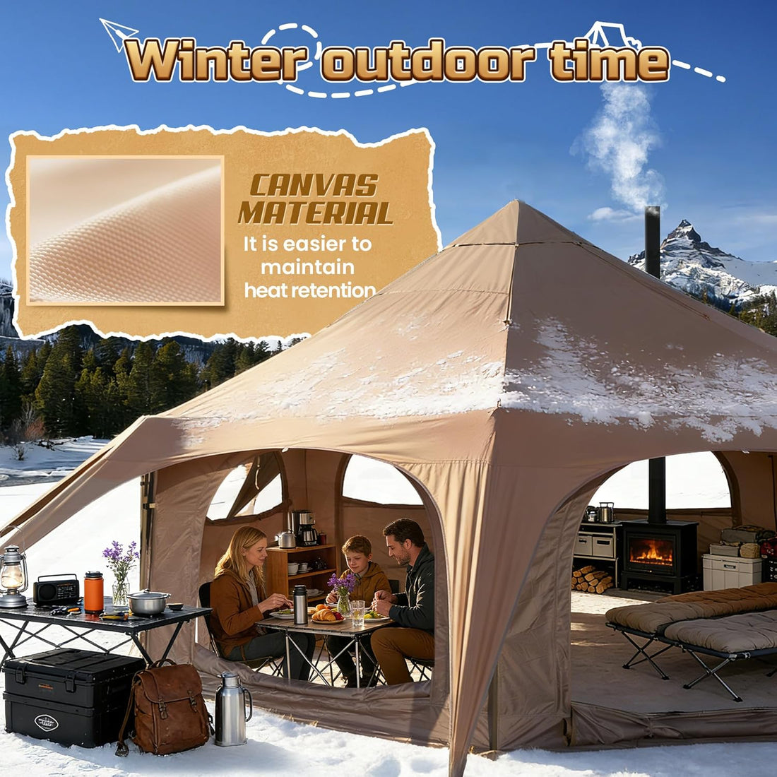16.5Ft Canvas Bell Tent, Large Yurt Tent with Stove Jack for Camping & Glamping, 55" High Walls, Maximum Space, Waterproof 4 Season Hot Tent with 8 Mesh Windows & Removable Floor