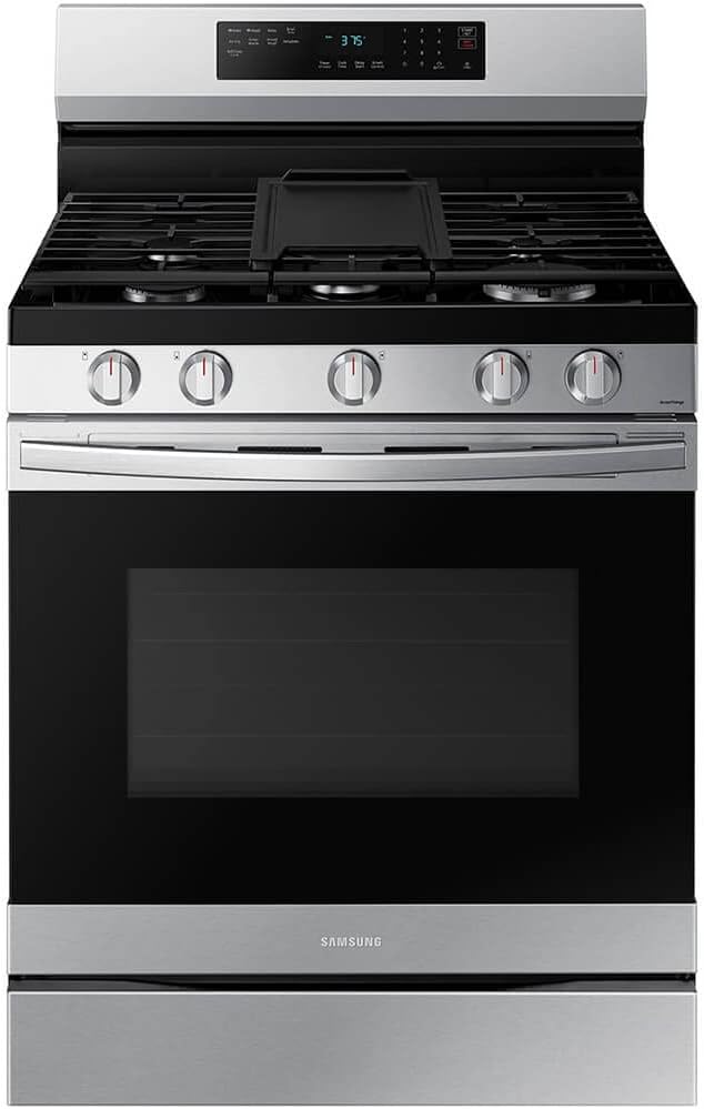 Stainless steel gas range with digital display and control knobs.
