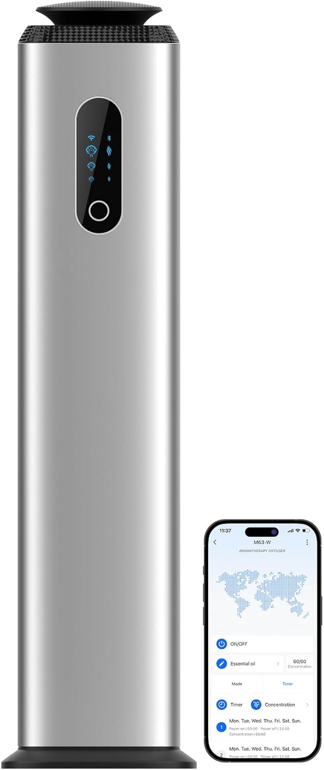 1000ML- Tower Hotel Scent Diffuser with Wifi App Control for Whole House - Commercial Diffuser Machine Cover 10000 Sq Ft - Scent Air Machine & Waterless Essential Oil Diffuser for Large Room - Silver