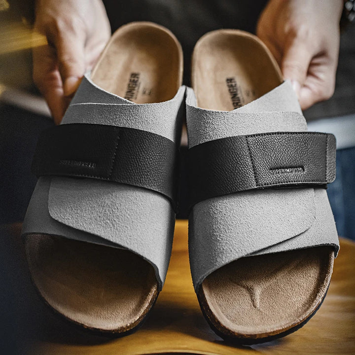 New Casual Color-Block Mules Men'S Summer Cork Sole Slide-On Sandals with Hook and Loop Closure Breathable Outdoor Shoes