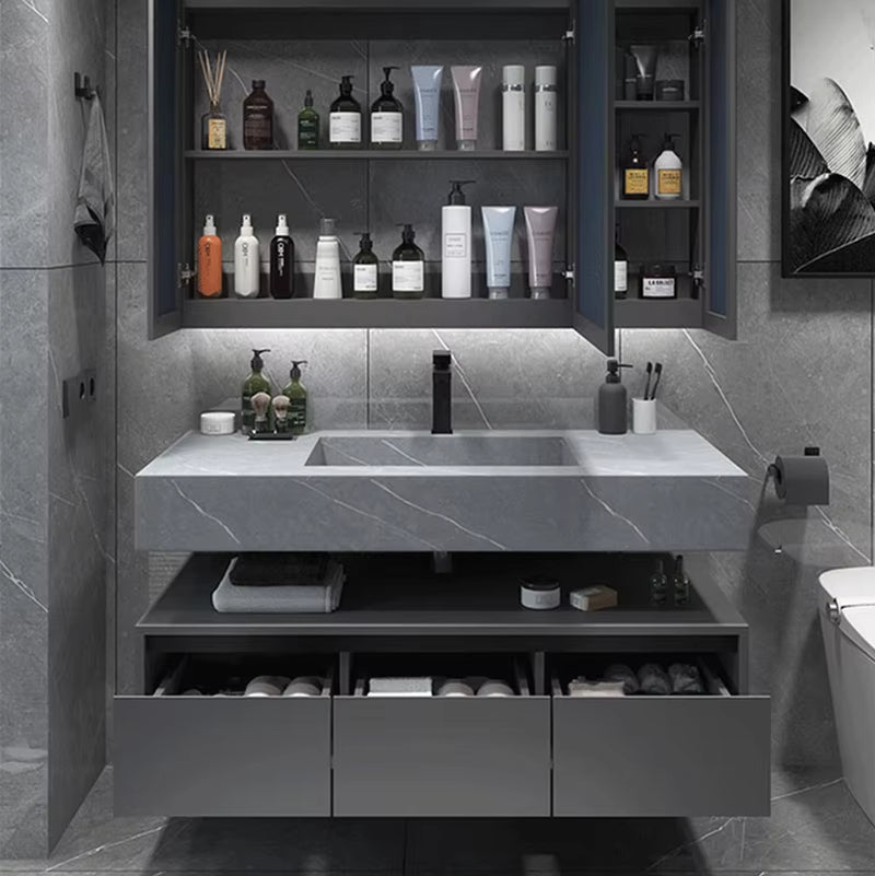 Customized Slate Solid Wood Double Sink Grey Bathroom Vanity Cabinets