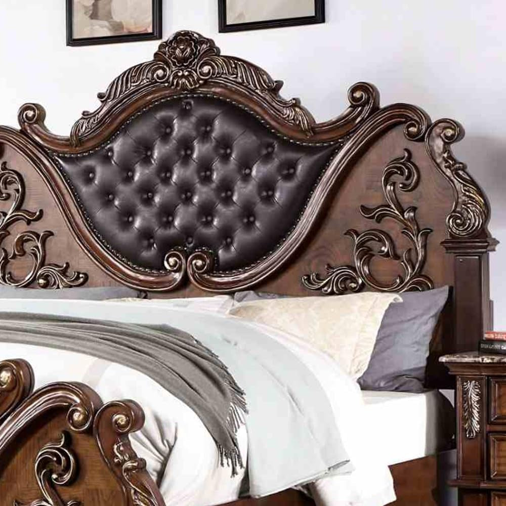 Vintage Traditional Wooden Luxury Bed Frame with Leather Button Tufted 