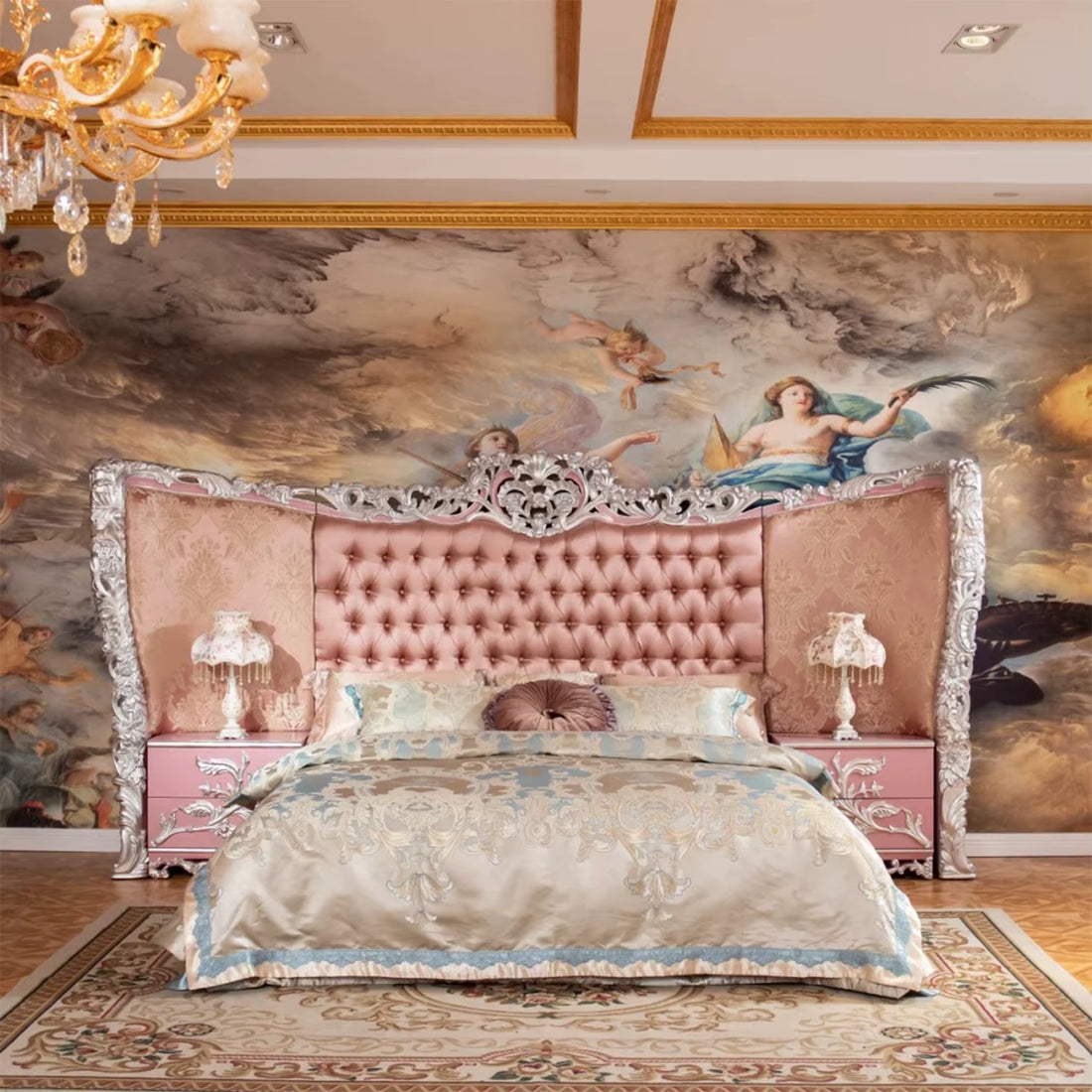 French Classic Hand Carved Silver Wood Bedroom Furniture Bed 