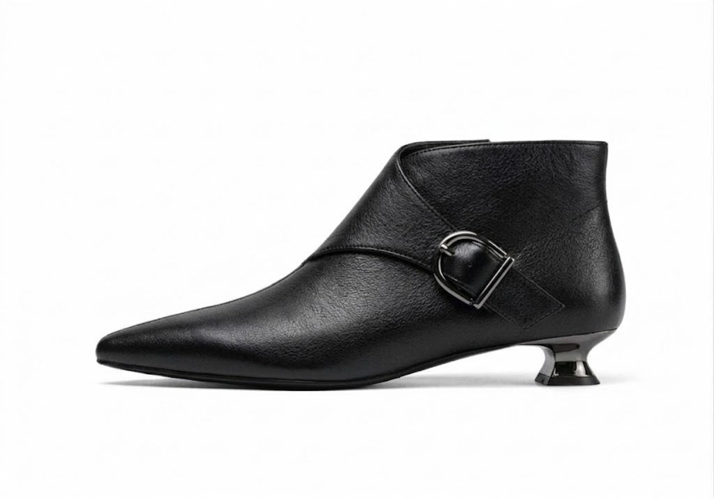 Luxury Women's Sheepskin Leather Ankle Boots – Pointed Toe, Back Zipper, Metal Buckle Slim Heel