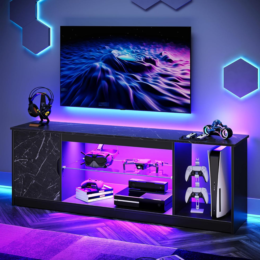 148CM LED TV Stand for 55/60/65 Inch Tvs Gaming Entertainment Center with Cabinet for PS5 Modern TV Cabinet with Adjustable Glass Shelves for Living Room Bedroom