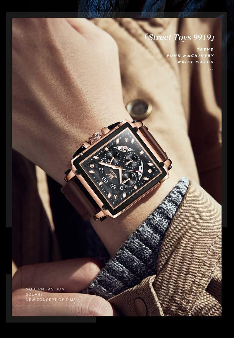 Vintage Square Watch for Men Genuine Brown Leather 