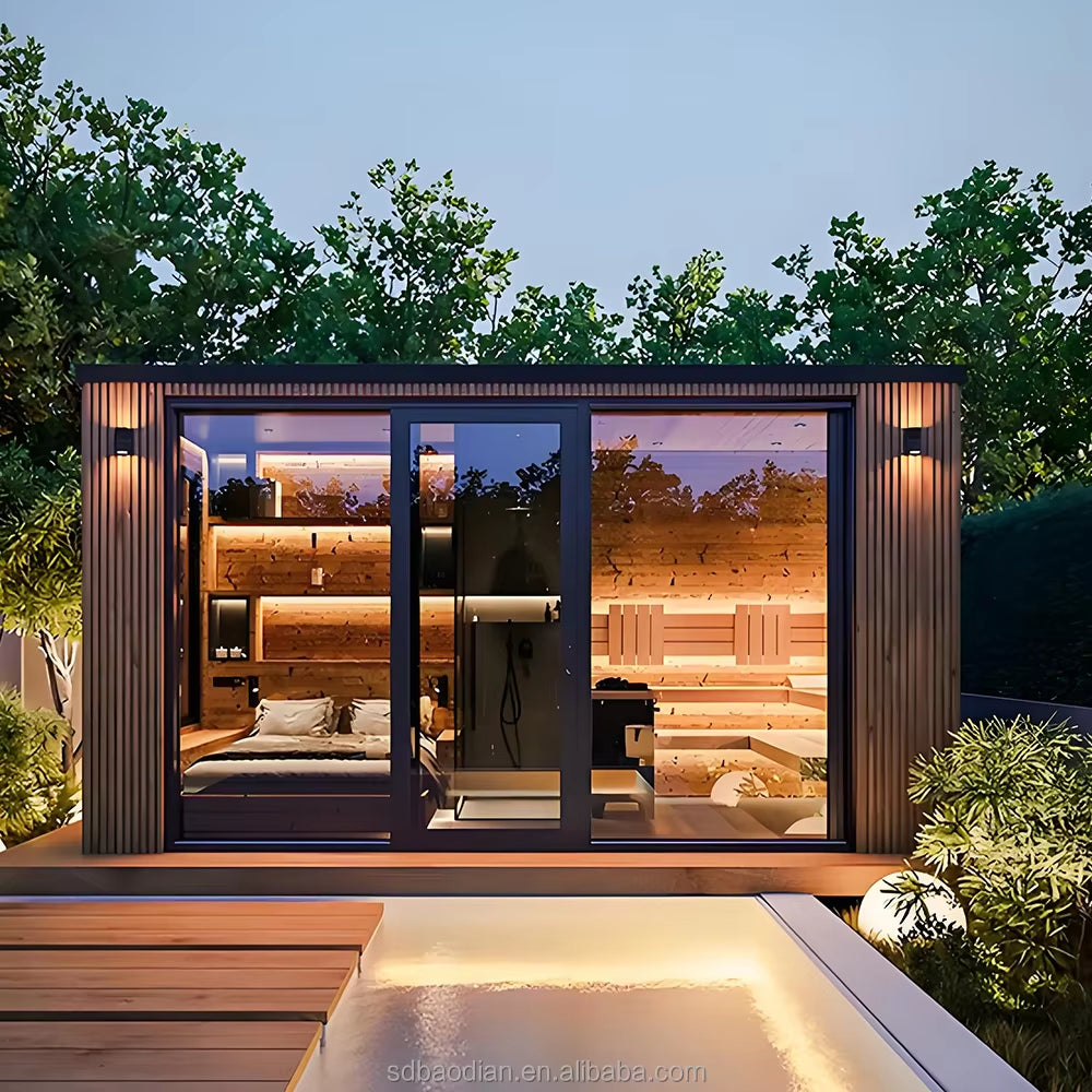 Factory Custom Sold Outdoor Luxury 4-6 Person Cubic Solid Sauna with Wet Steam Modern Design Includes Stove Heating
