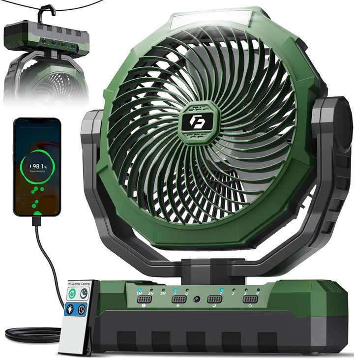 3-In-1 Camping Fan - Portable Fans Rechargeable - 24000Mah Battery Powered Fan with Light & Remote for Indoor, Outdoor, Tent, Travel, Fishing, Jobsite, Gifts for Men Dad Him - Green
