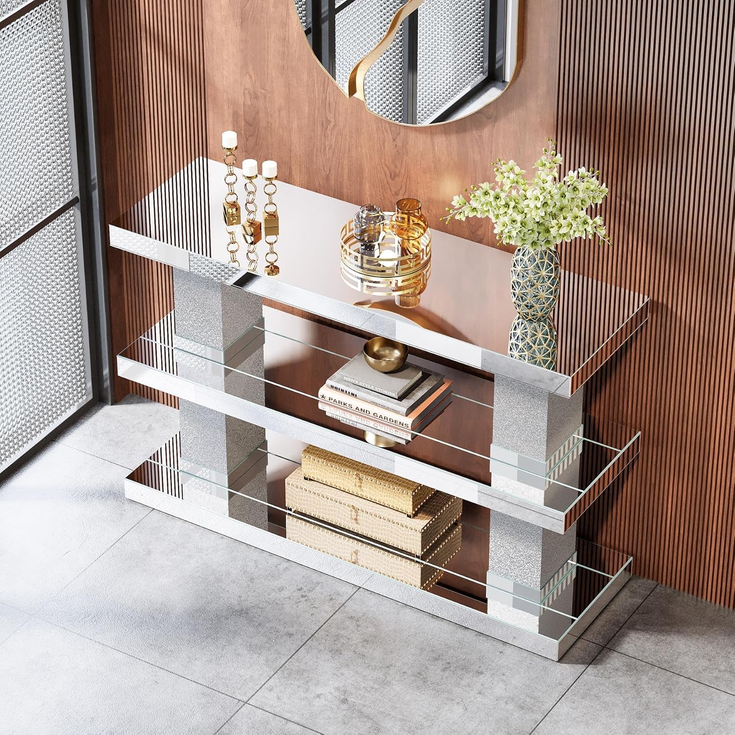 Mirrored Table, 46" Silver Entryway Table with 3-Tier Storage 