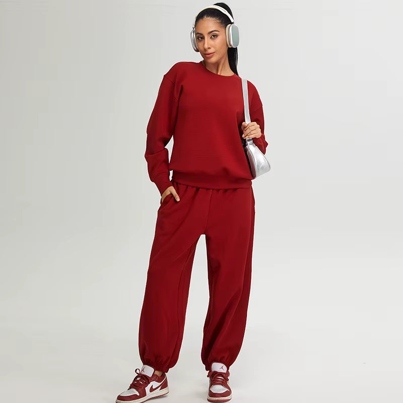 Fusion Quality Yoga Set Women Long Sleeve O Neck Hoodie and High Waist Sweatpants Running Suit