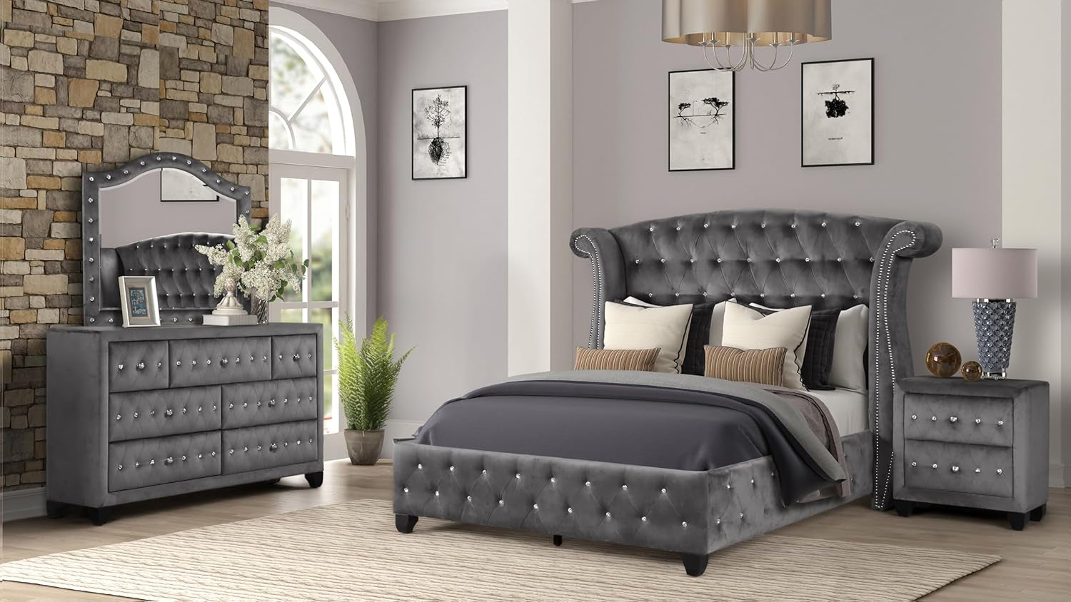 Luxury Bed Frame - Velvet Upholstered Platform Bed with Rolled Headboard 