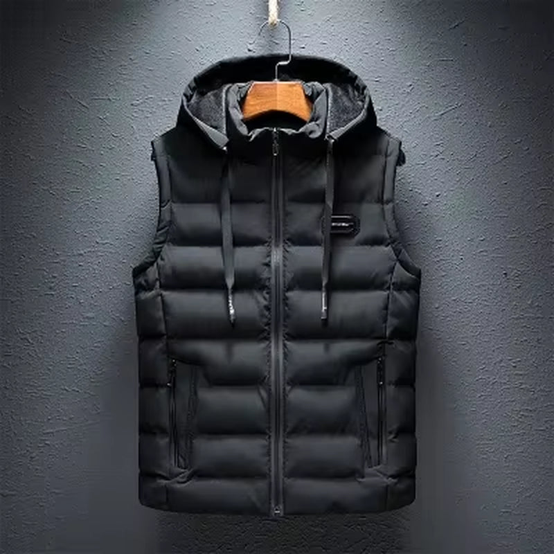 Mens High end Brand Sleeveless Vest Hooded Fashion Casual Coats Male Cotton-Padded Casual Wear