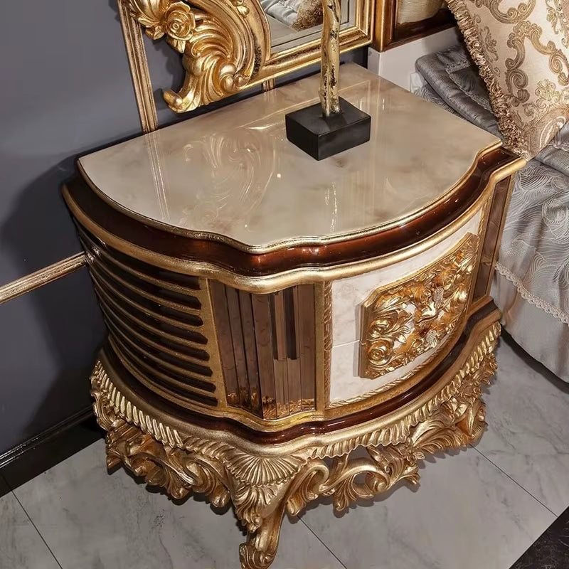 Premium Hand Carving Vintage Gold Wooden King Size Bed