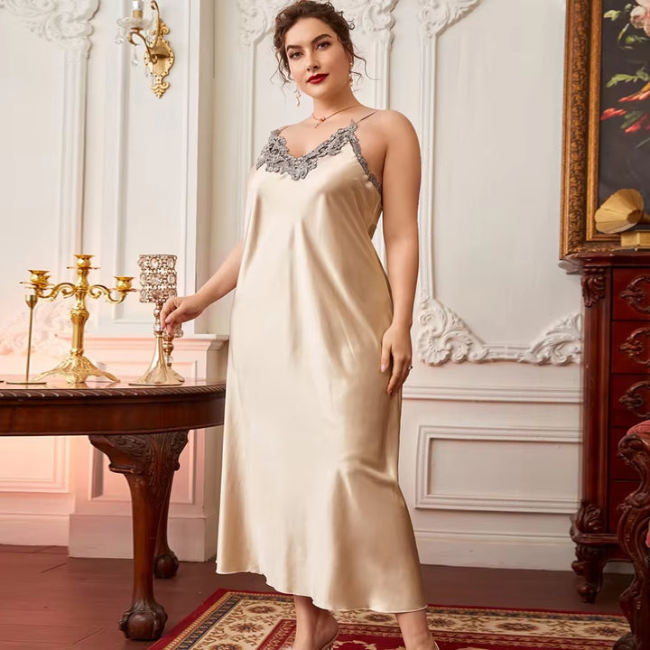 New Sleepwear Women Lace Silk Satin Sleeveless Nighties Summer V-Neck Suspender Thin Long Imitation Silk Nightgown