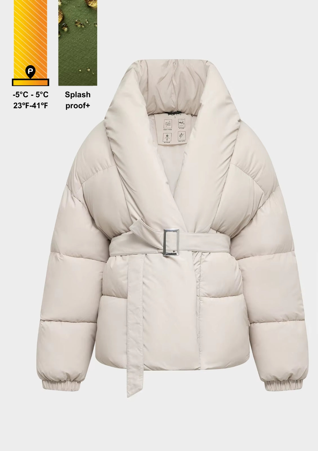 Women Puffer Jacket Mid Length Belted Magnet Button Puffer Coat Splashproof Winter Water Repellent Windproof Stain-Resistant