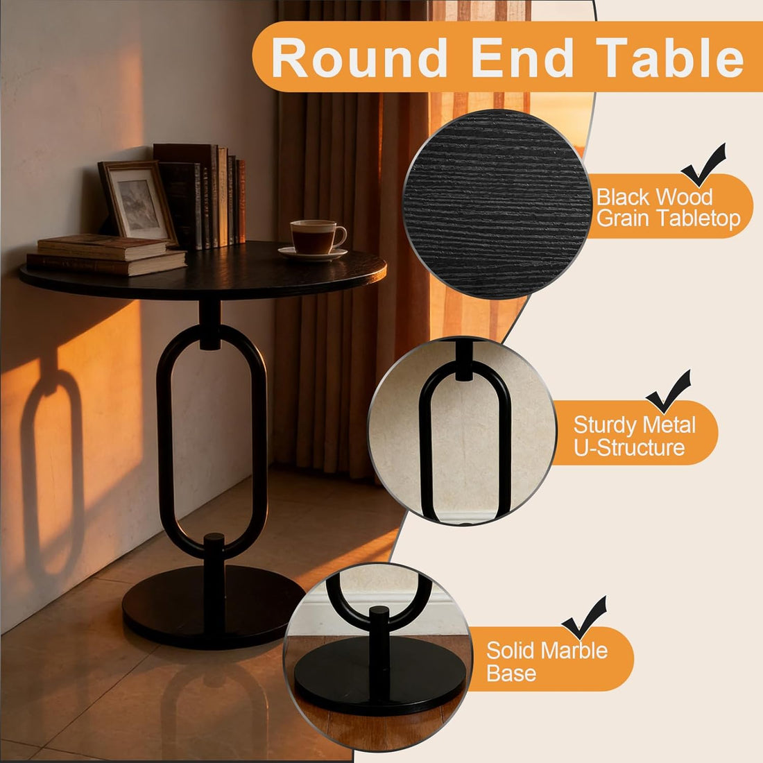 17In Black round Side Table Heavy Duty Modern End Table Stable Sofa Side Table with Marble Base Integrated Accent Coffee Table Nightstand for Living Room Bedroom Backyard
