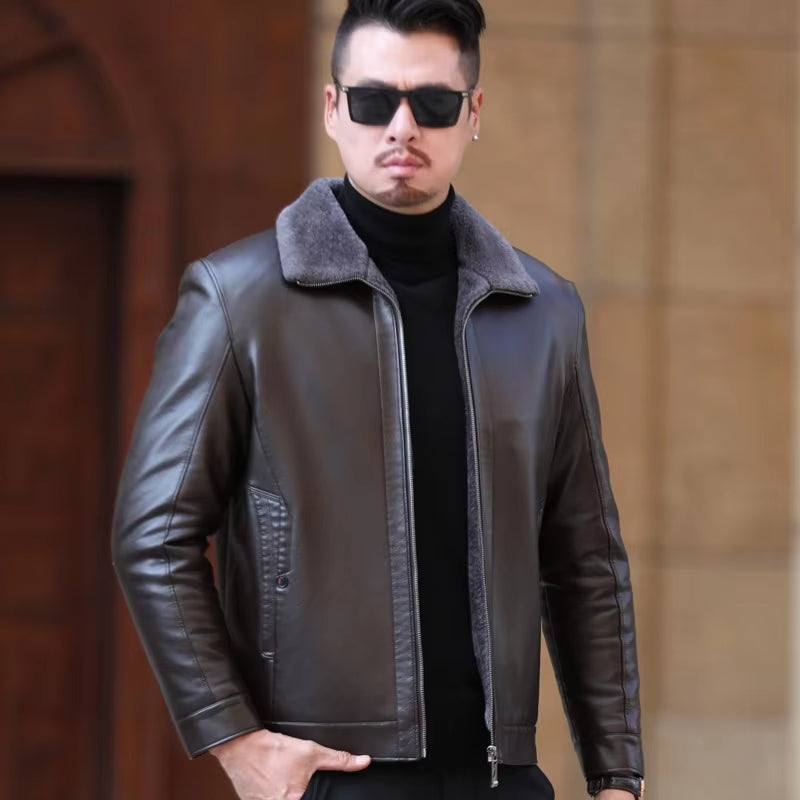 New Stylish Winter Men's Leather Jacket Fur One Casual Thickened plus Sheep Warm Leather Fashion Jacket 