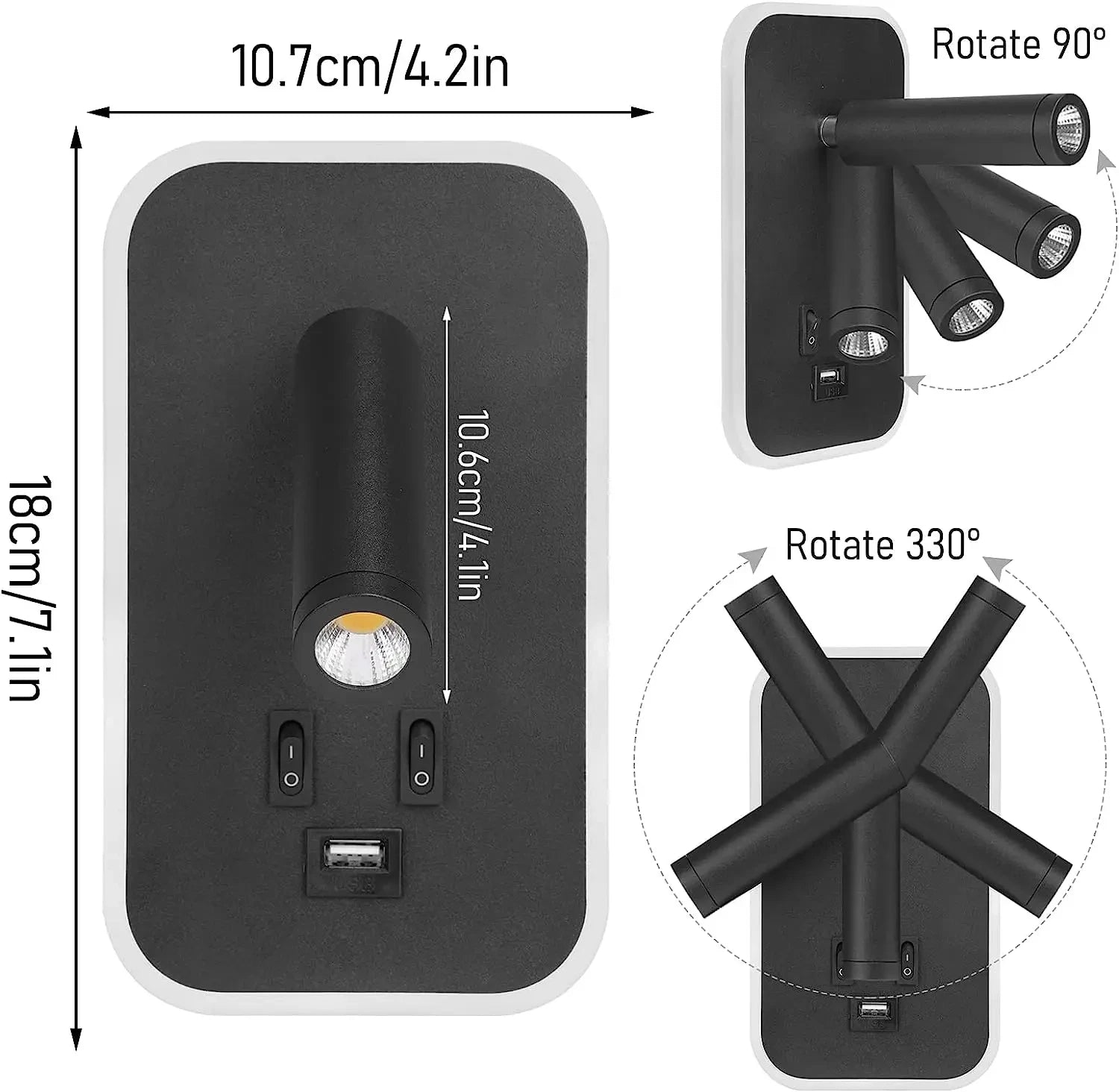 Bedside Wall Lamp LED Wall Light Wall Mounted Reading Light with Switch and USB Port Rotatable Wall Sconce Wall Spotlight Decor