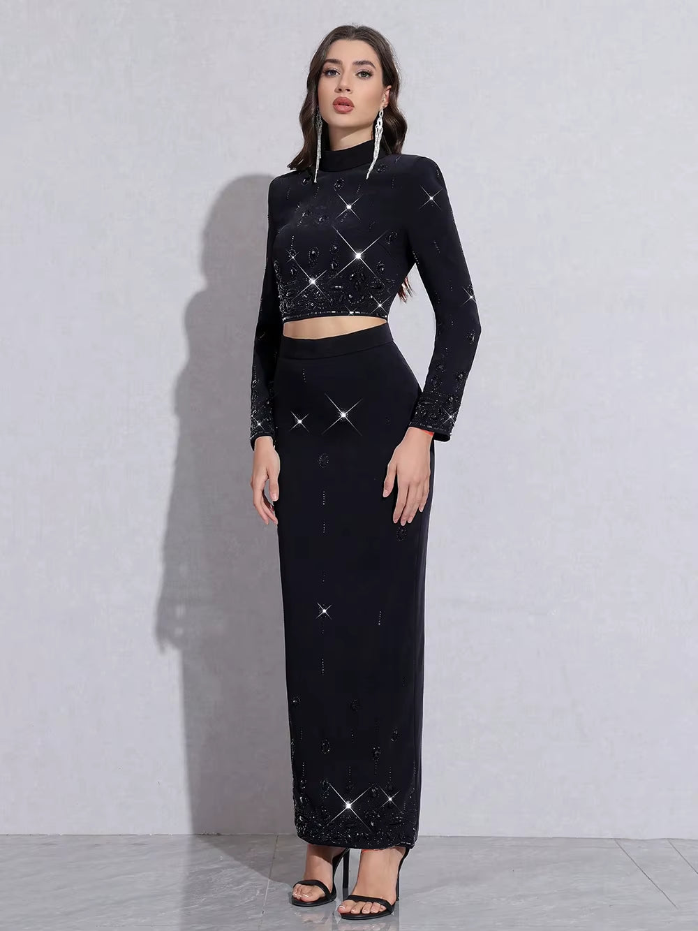 New Two Piece Set for Women High Waist Slim Long Skirt Dress