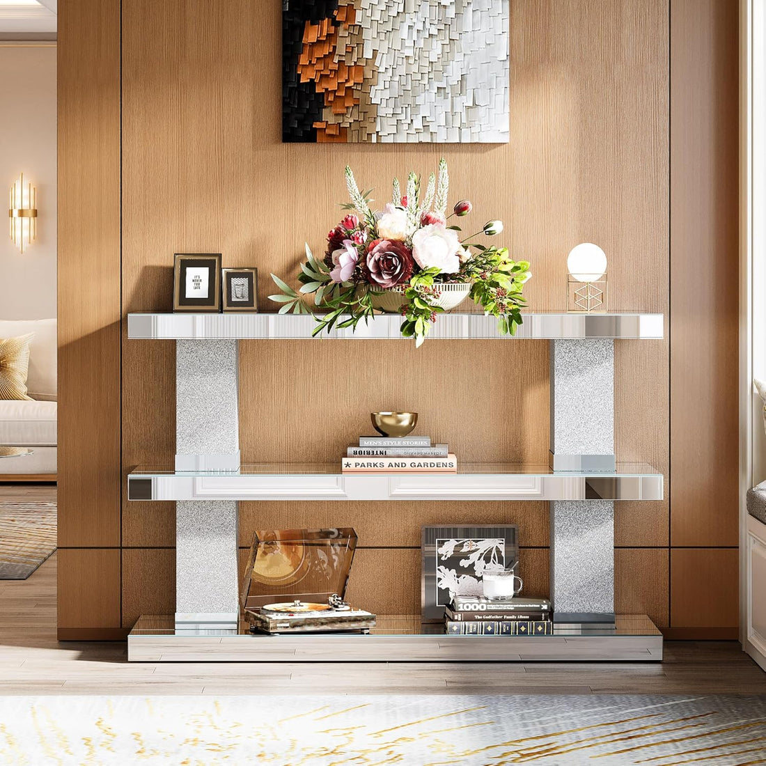 Mirrored Table, 46" Silver Entryway Table with 3-Tier Storage 