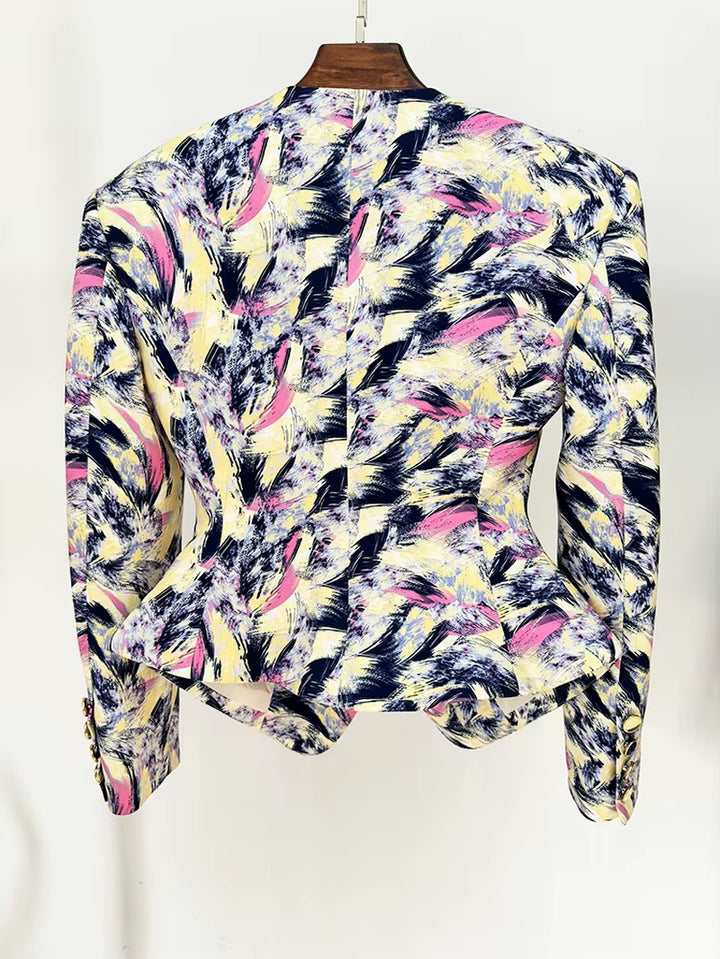 New Arrived Women Stylish Feather Printed Collarless Blazer Jackets