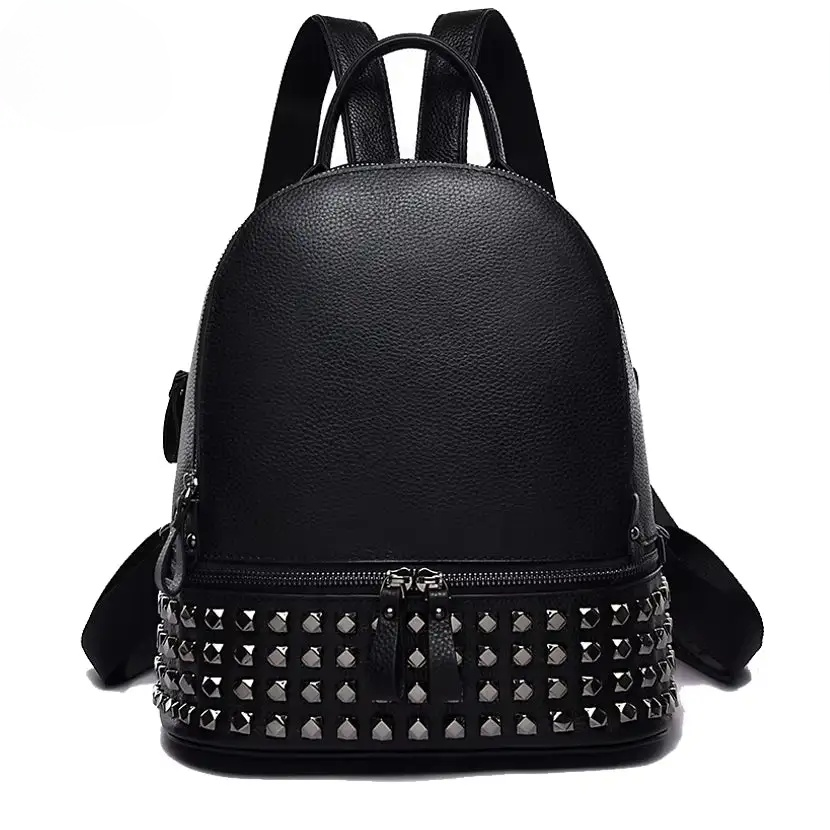 Fusion Rivet Women Backpack Brand Genuine Leather Large Capacity School Laptop Bag