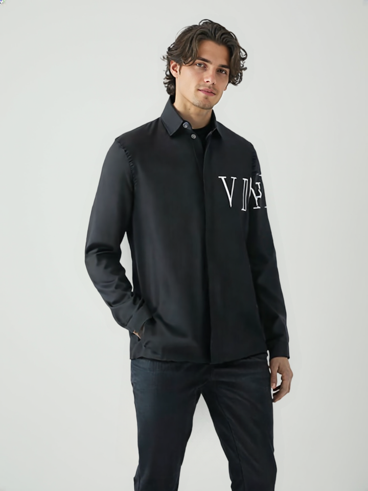 Premium Designed Letter Flocking Long Sleeved Mens Shirt