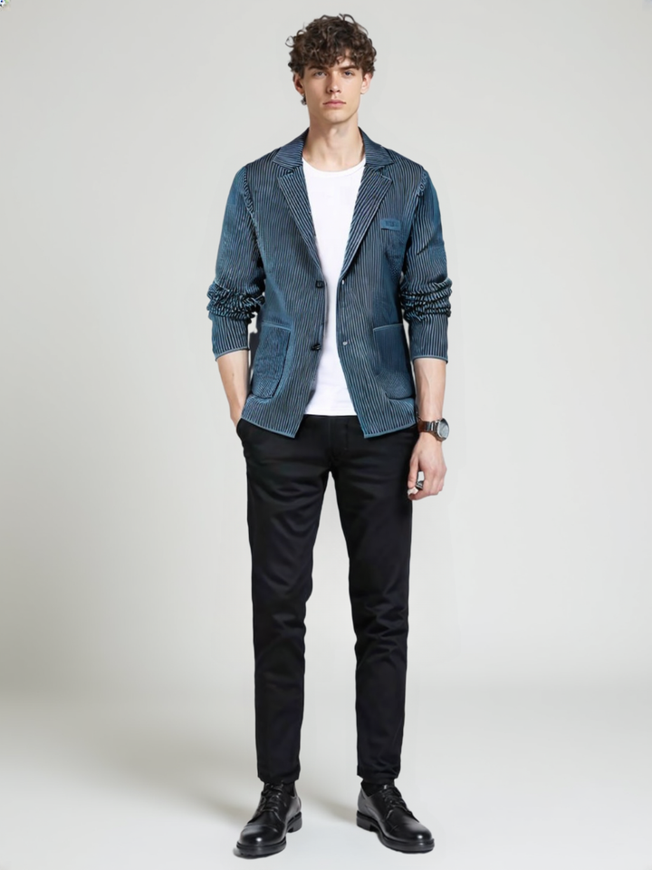 Top Grade New Brand Fashion Slim Fit Blazer Jacket Smart Elegant Stylish Knitted Suit Striped Men Coat Casual Mens Clothes 2025