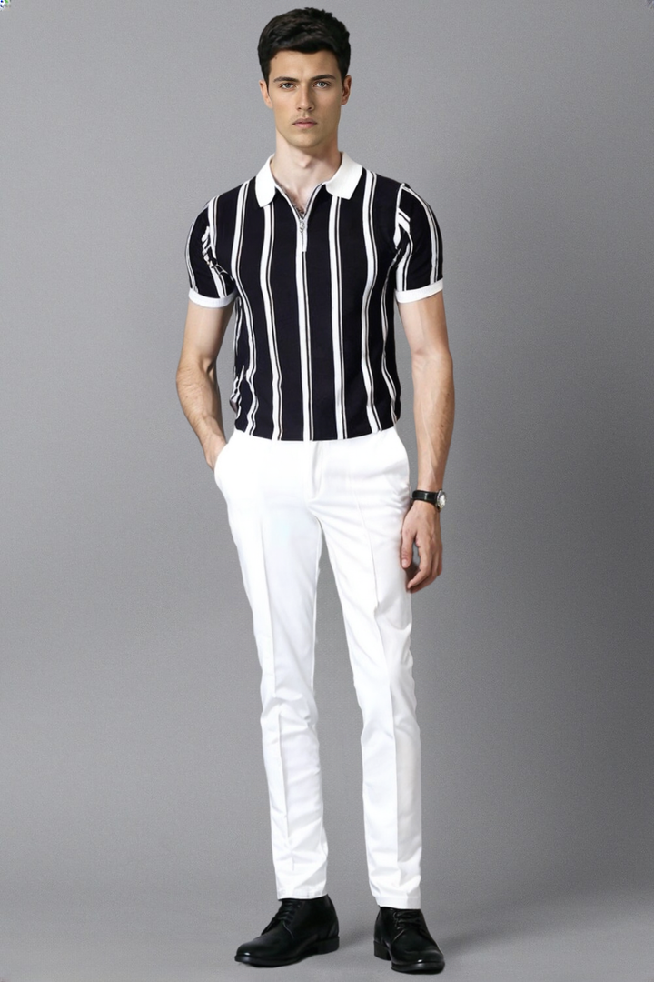 2024 Summer Short Smart Casual Polo Stripe Turn-Down Collar Handsome Simplicity Trend Zipper Breathable Men'S Clothing Shirts