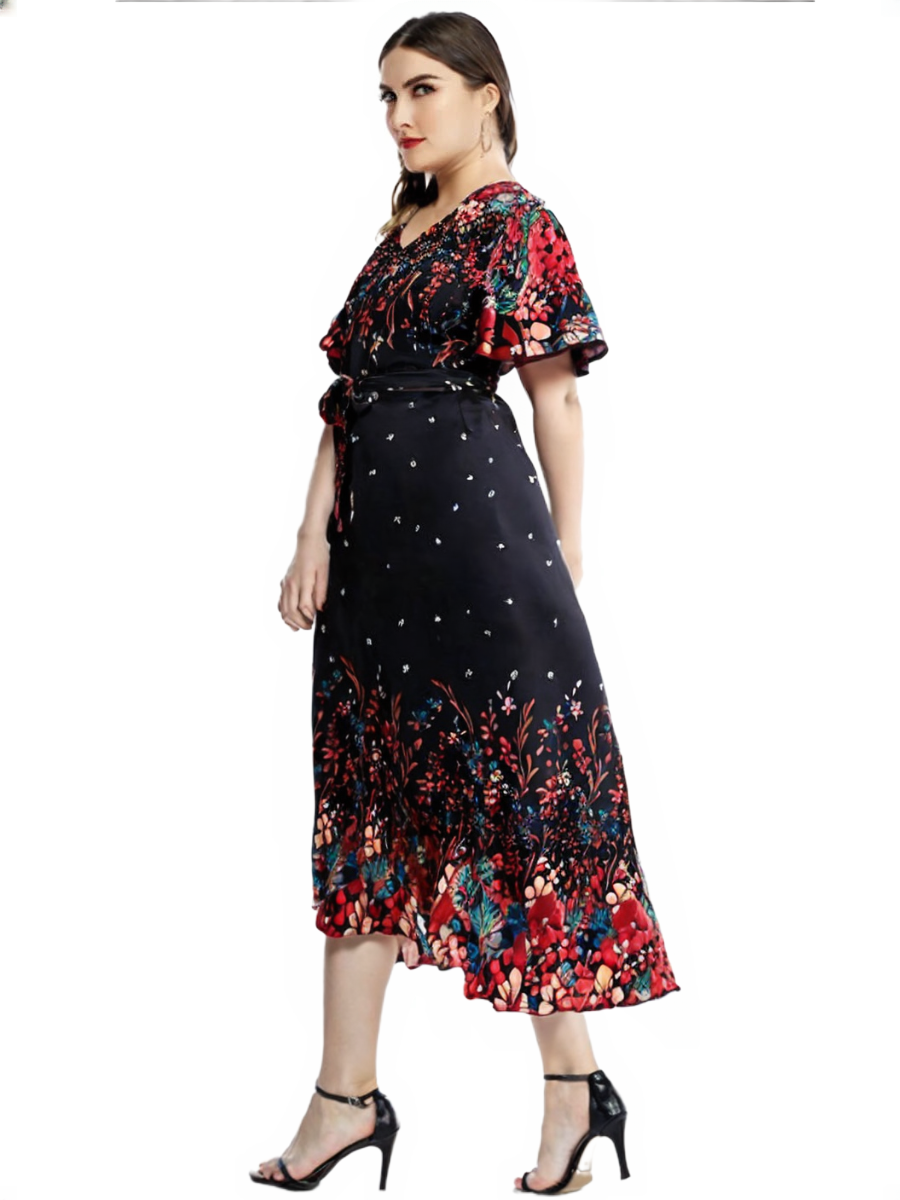 Plus Size Casual Dress Woman 2024 Summer V Neck Short Sleeve Floral Print Long Dress Black Curvy Size Women Clothing