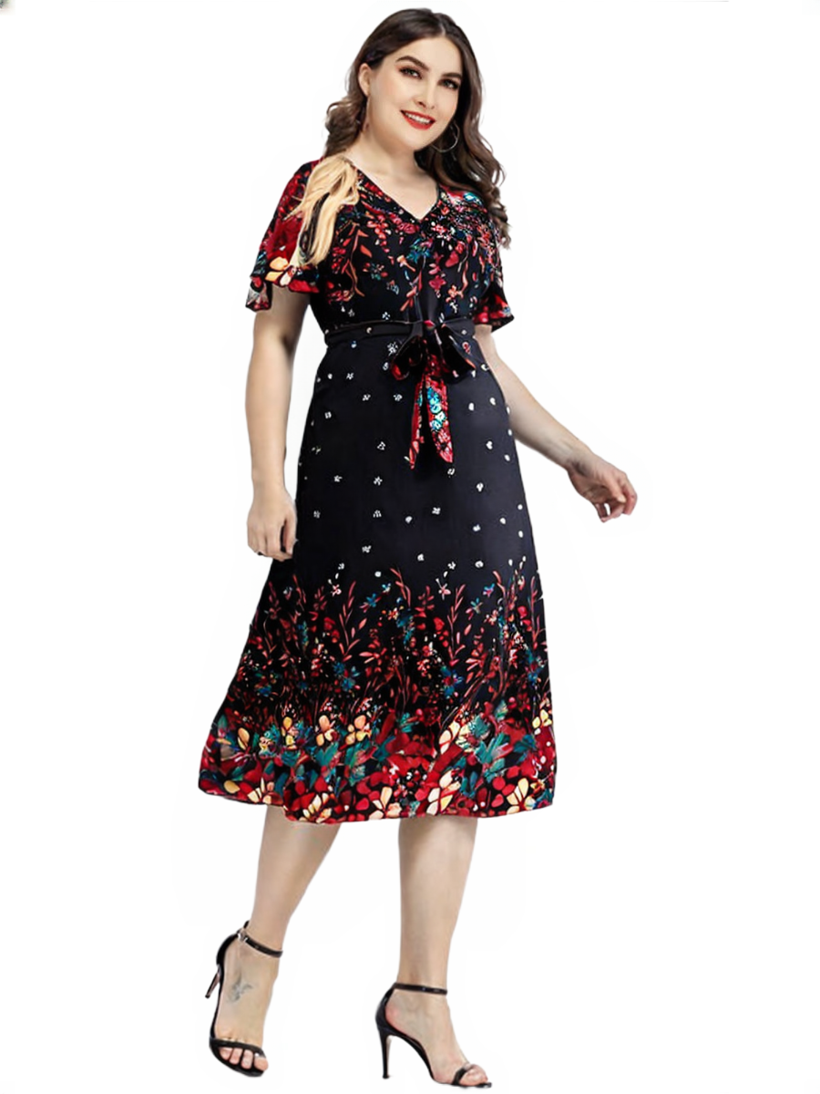 Plus Size Casual Dress Woman 2024 Summer V Neck Short Sleeve Floral Print Long Dress Black Curvy Size Women Clothing