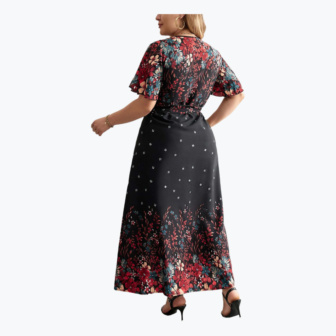 Plus Size Casual Dress Woman 2024 Summer V Neck Short Sleeve Floral Print Long Dress Black Curvy Size Women Clothing