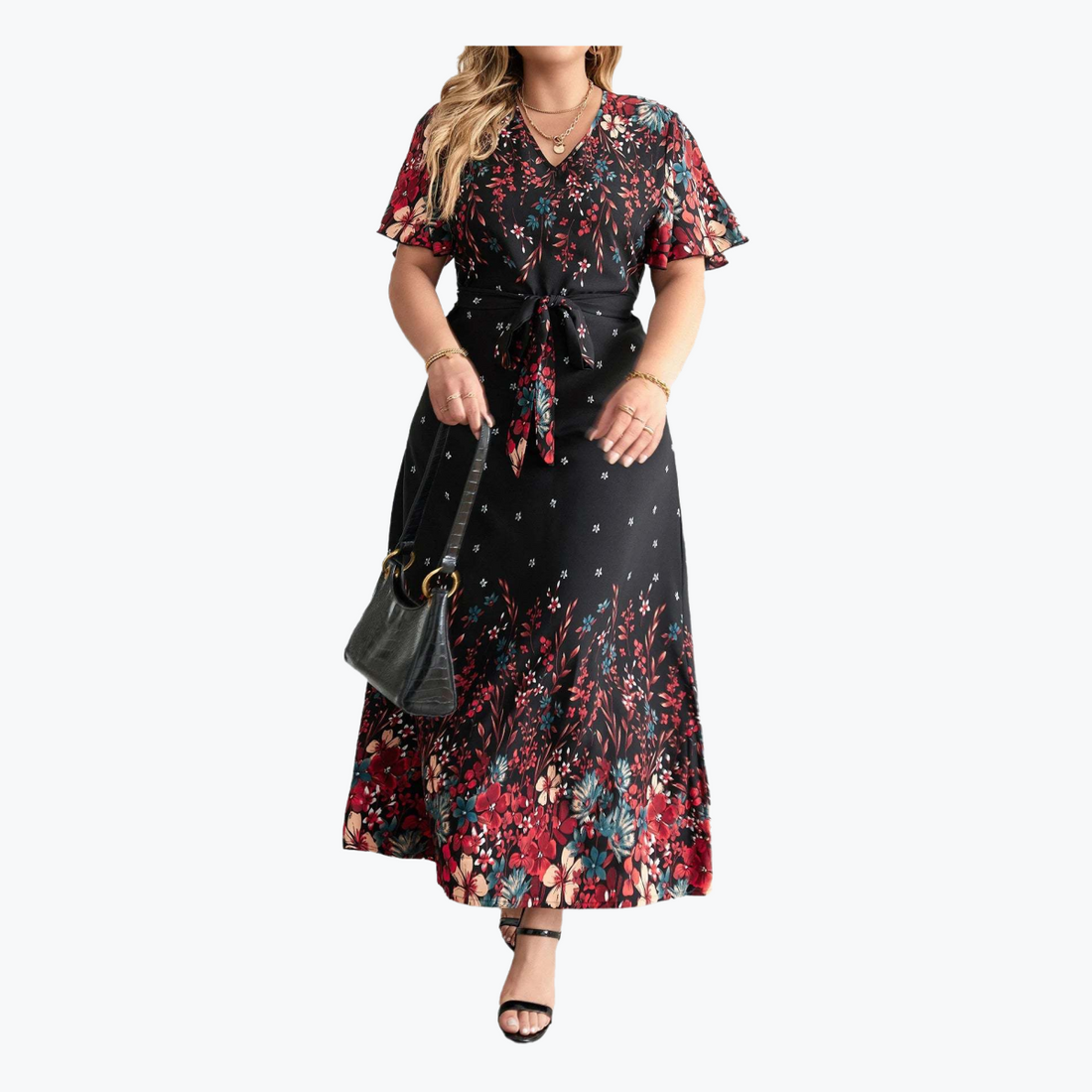 Plus Size Casual Dress Woman 2024 Summer V Neck Short Sleeve Floral Print Long Dress Black Curvy Size Women Clothing